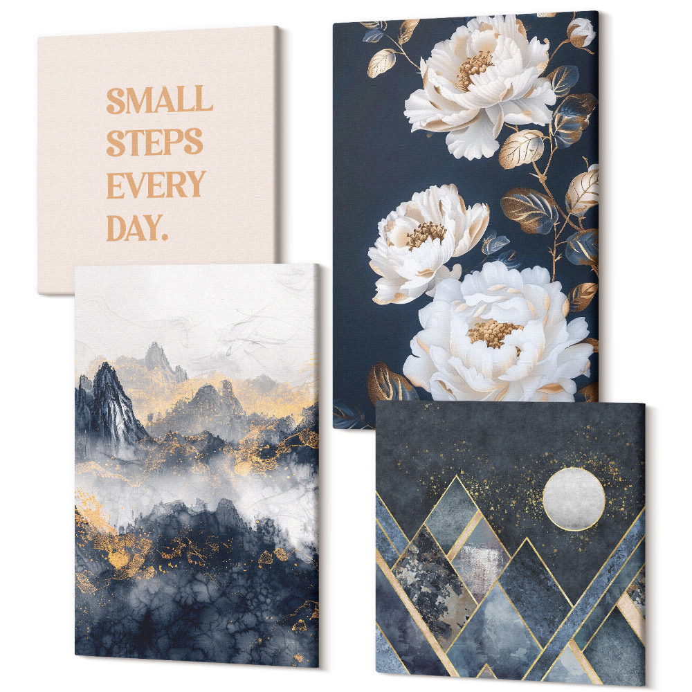 Zestaw obrazów na płótnie kwadryptyk Abstrakcyjne góry kwiaty i inspirujący napis