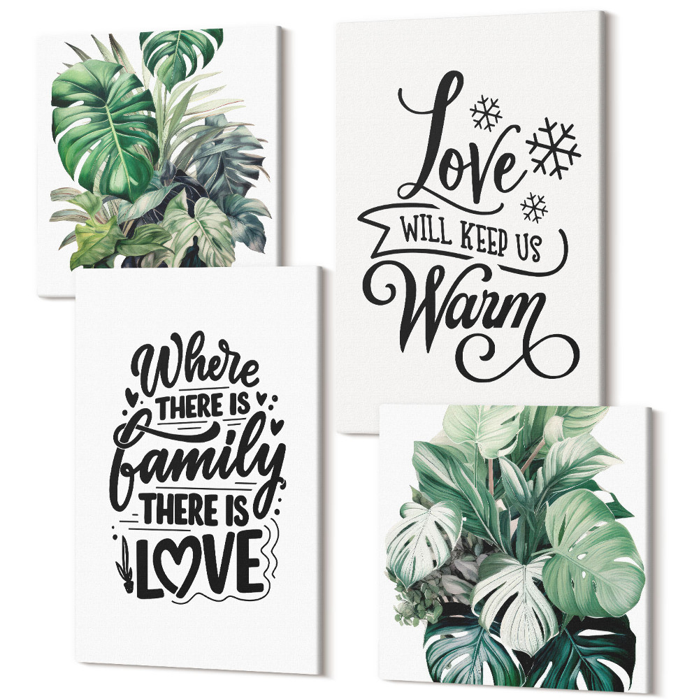 Zestaw obrazów kwadryptyk na ścianę Rodzina miłość dom ciepło liście roślin akwarela