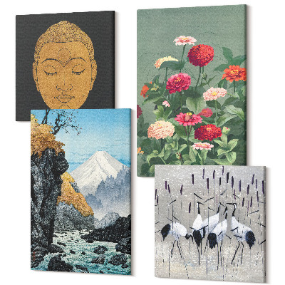 Zestaw obrazów 4 części kwadryptyk Japońska natura i kultura styl japandi