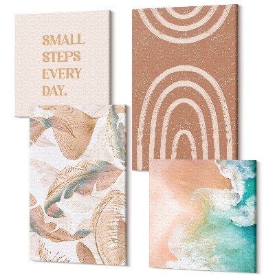 Zestaw obrazów na płótnie kwadryptyk Delikatne boho motywy abstrakcyjne liście i napis