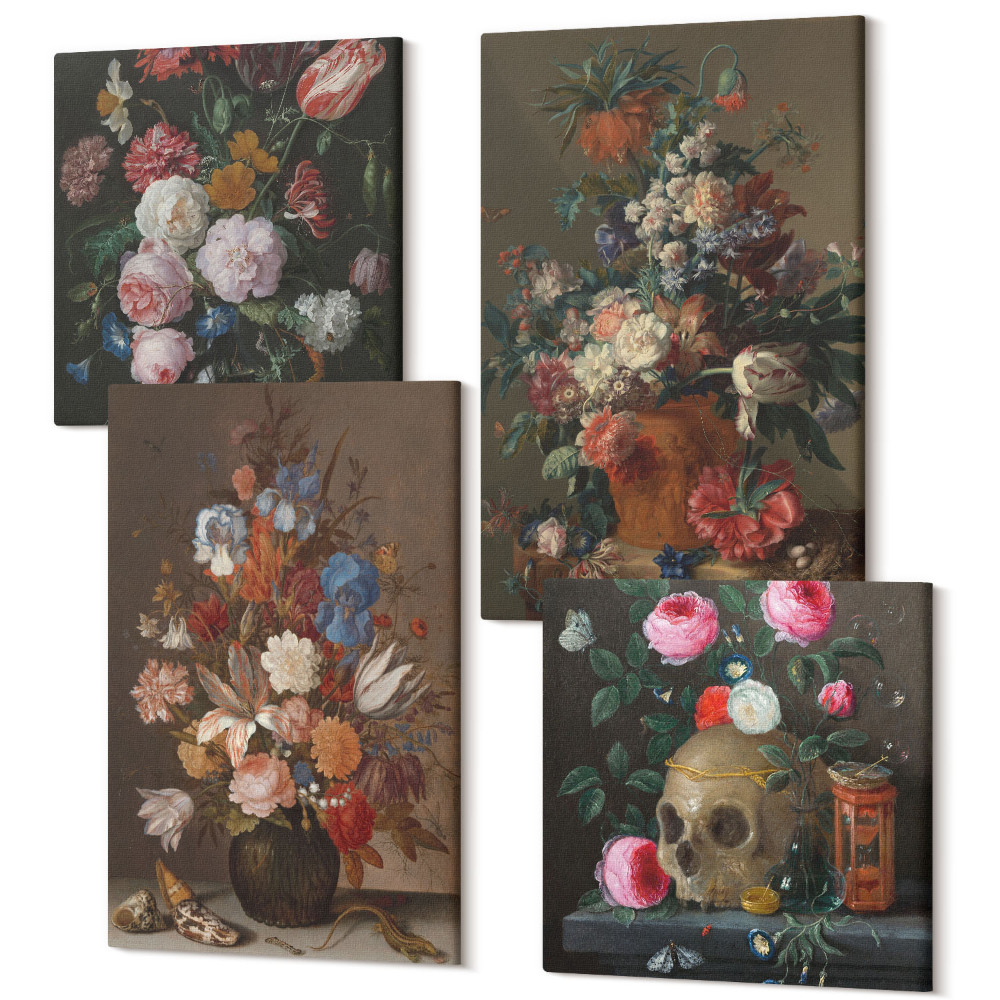 Zestaw obrazów kwadryptyk na ścianę Kwiaty w wazonach różnorodne kompozycje roślinne vintage