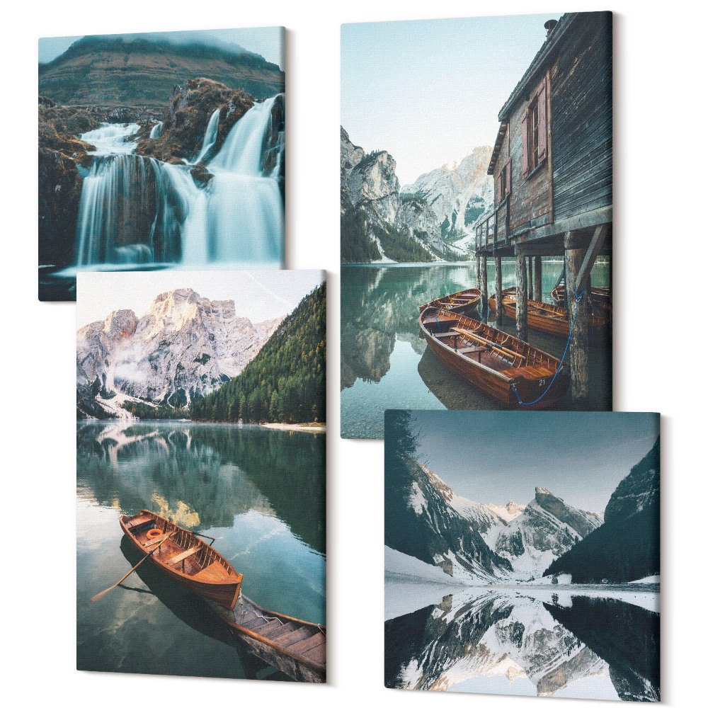 Zestaw obrazów na płótnie kwadryptyk Górskie jeziora z łodziami i odbiciem w wodzie