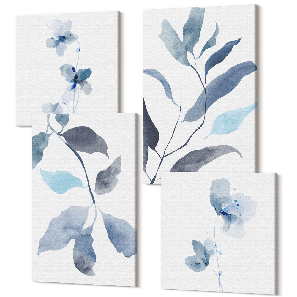 Zestaw obrazów na płótnie kwadryptyk Niebieskie liście na jasnym tle styl akwarelowy