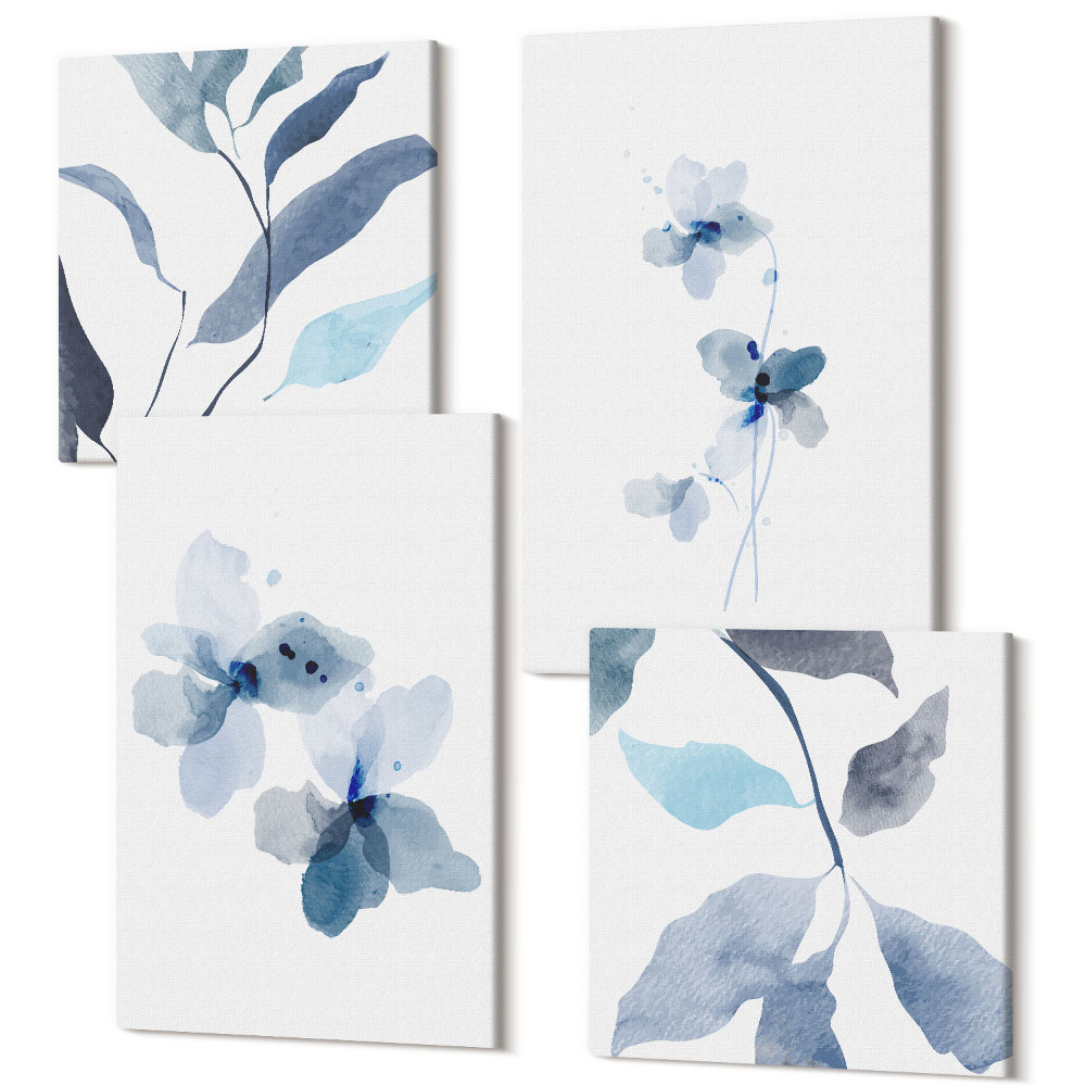Zestaw obrazów kwadryptyk na ścianę Minimalistyczne akwarelowe kwiaty w odcieniach błękitu