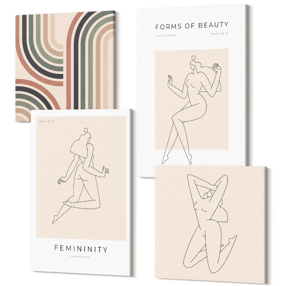 Zestaw obrazów na płótnie kwadryptyk Linearne sylwetki kobiet w minimalistycznych posterach