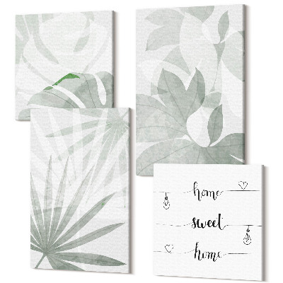 Zestaw obrazów 4 części kwadryptyk Liście roślin w odcieniach zieleni i szarości napis