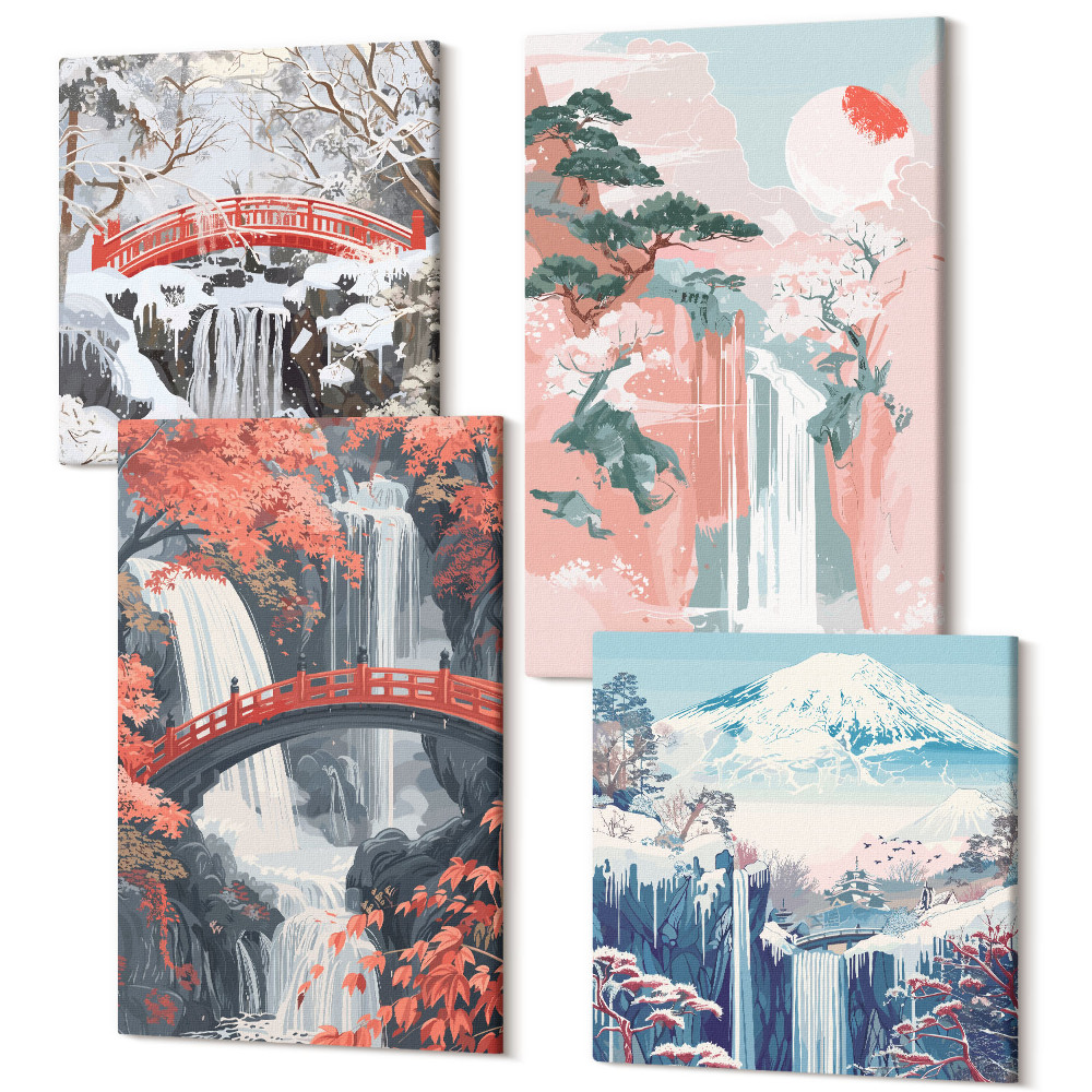 Zestaw obrazów na płótnie kwadryptyk Wodospady w różnych porach roku z mostkami i drzewami