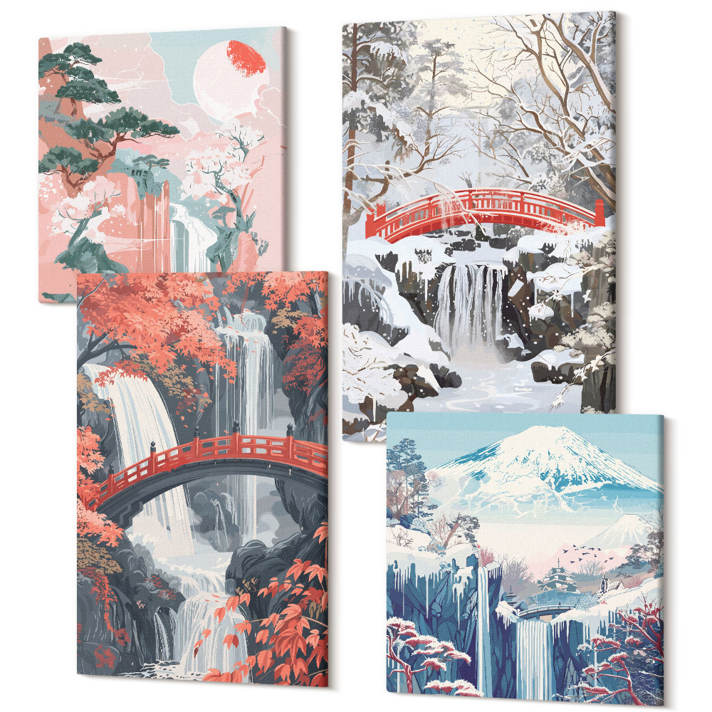 Zestaw obrazów kwadryptyk na ścianę Krajobrazy górskie i wodospady w różnych porach roku