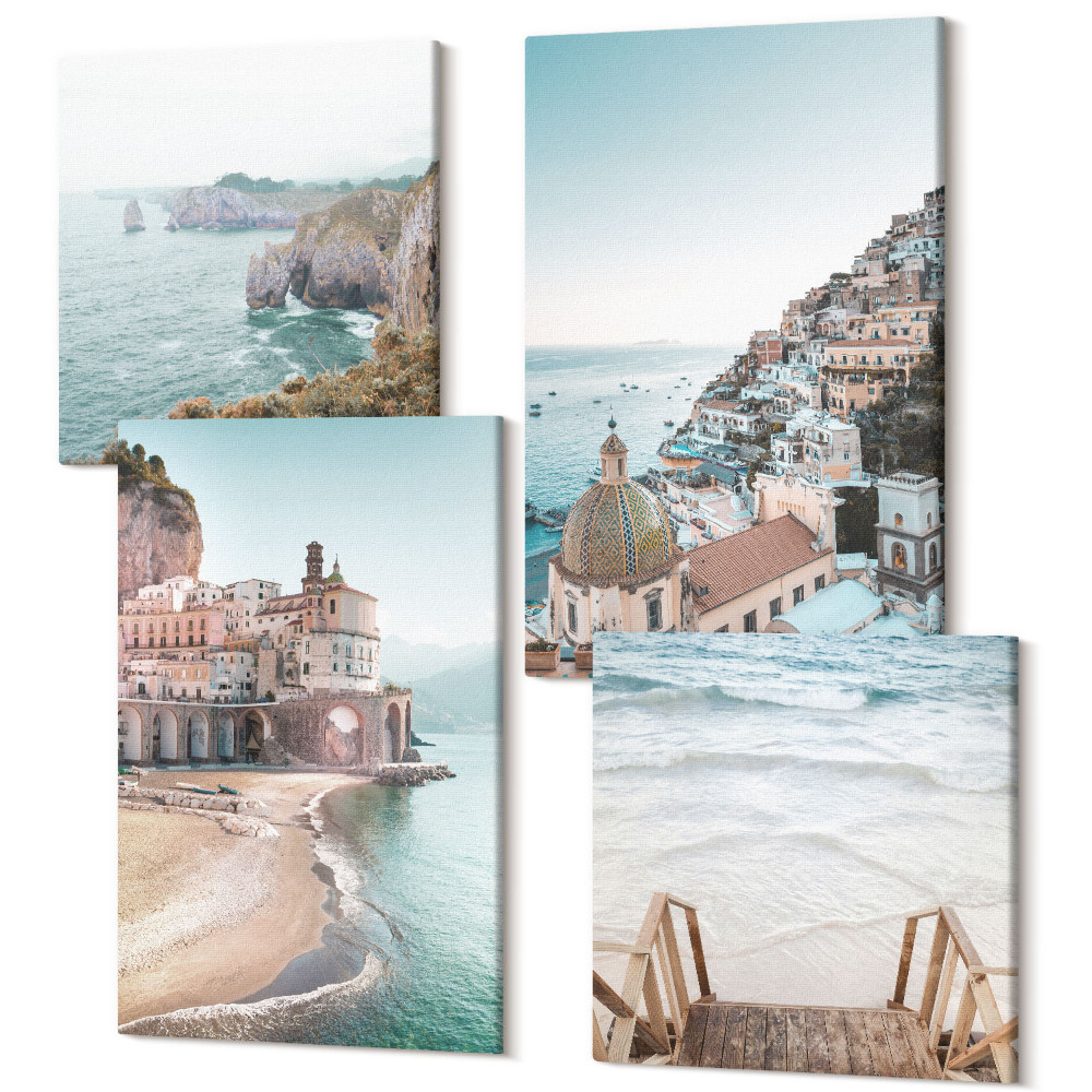 Zestaw obrazów 4 części kwadryptyk Letnie pastelowe widoki z nadmorską architekturą i plażą