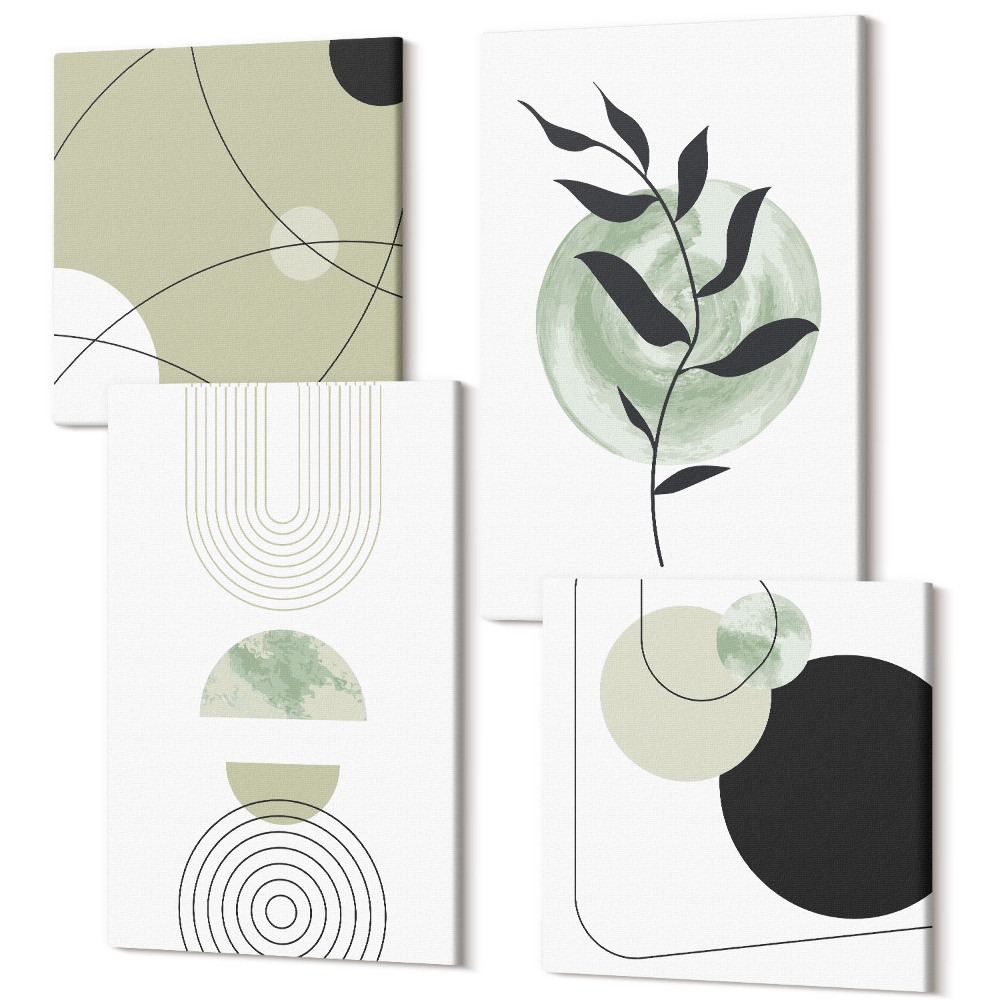 Zestaw obrazów 4 części kwadryptyk Abstrakcyjne kształty i roślinne motywy w zieleni