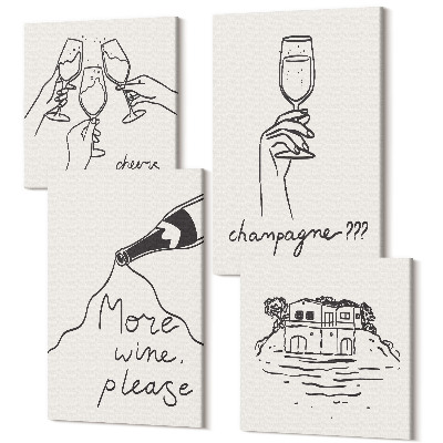 Zestaw obrazów kwadryptyk na ścianę Radosne chwile z winem i szampanem line-art