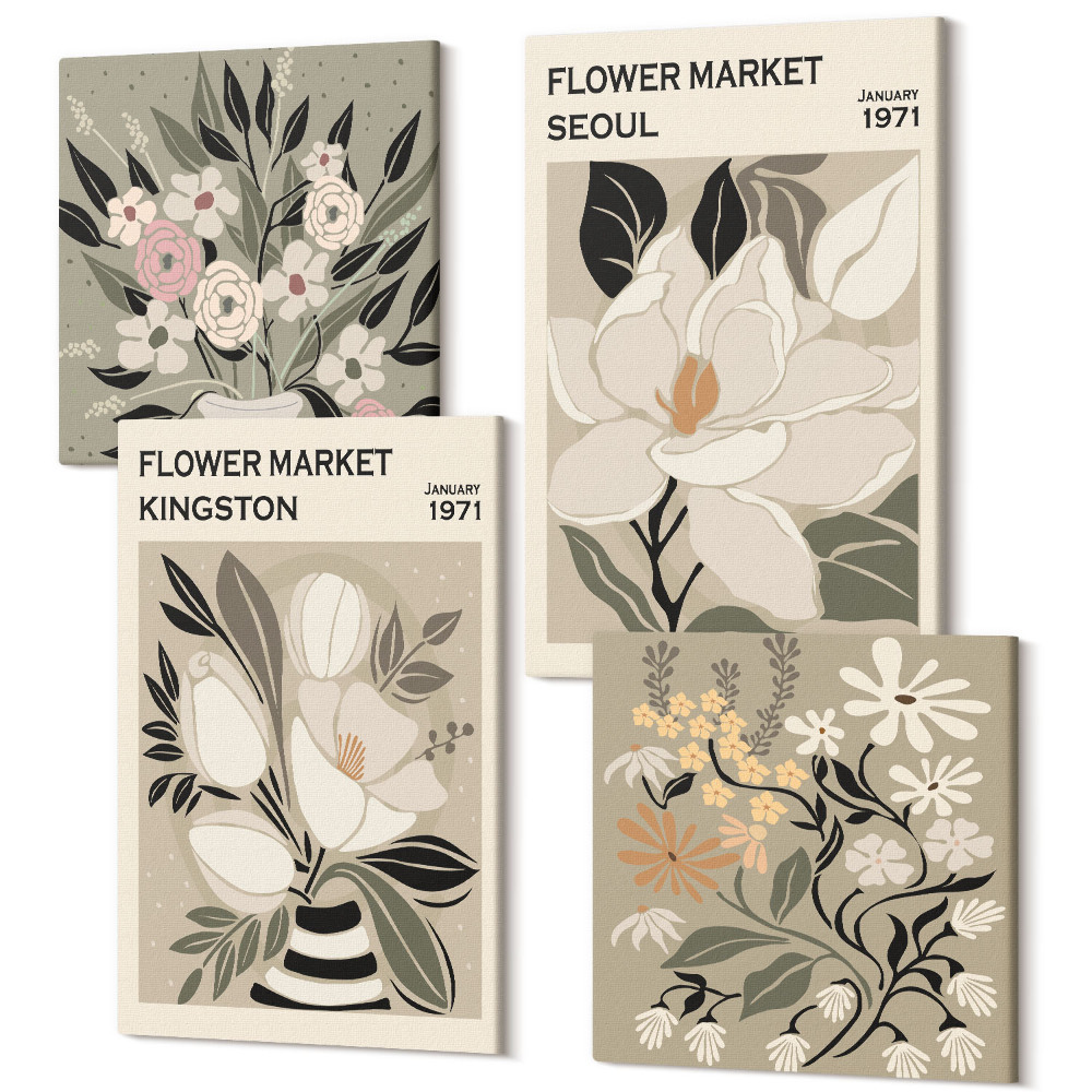 Zestaw obrazów 4 części kwadryptyk Kwiaty w stylu retro z różnych miast świata