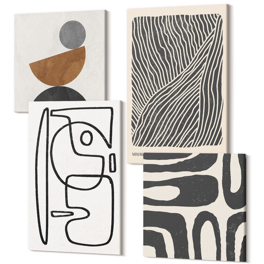 Zestaw obrazów na płótnie kwadryptyk Abstrakcyjne wzory z liniami i teksturami na tle jasnym