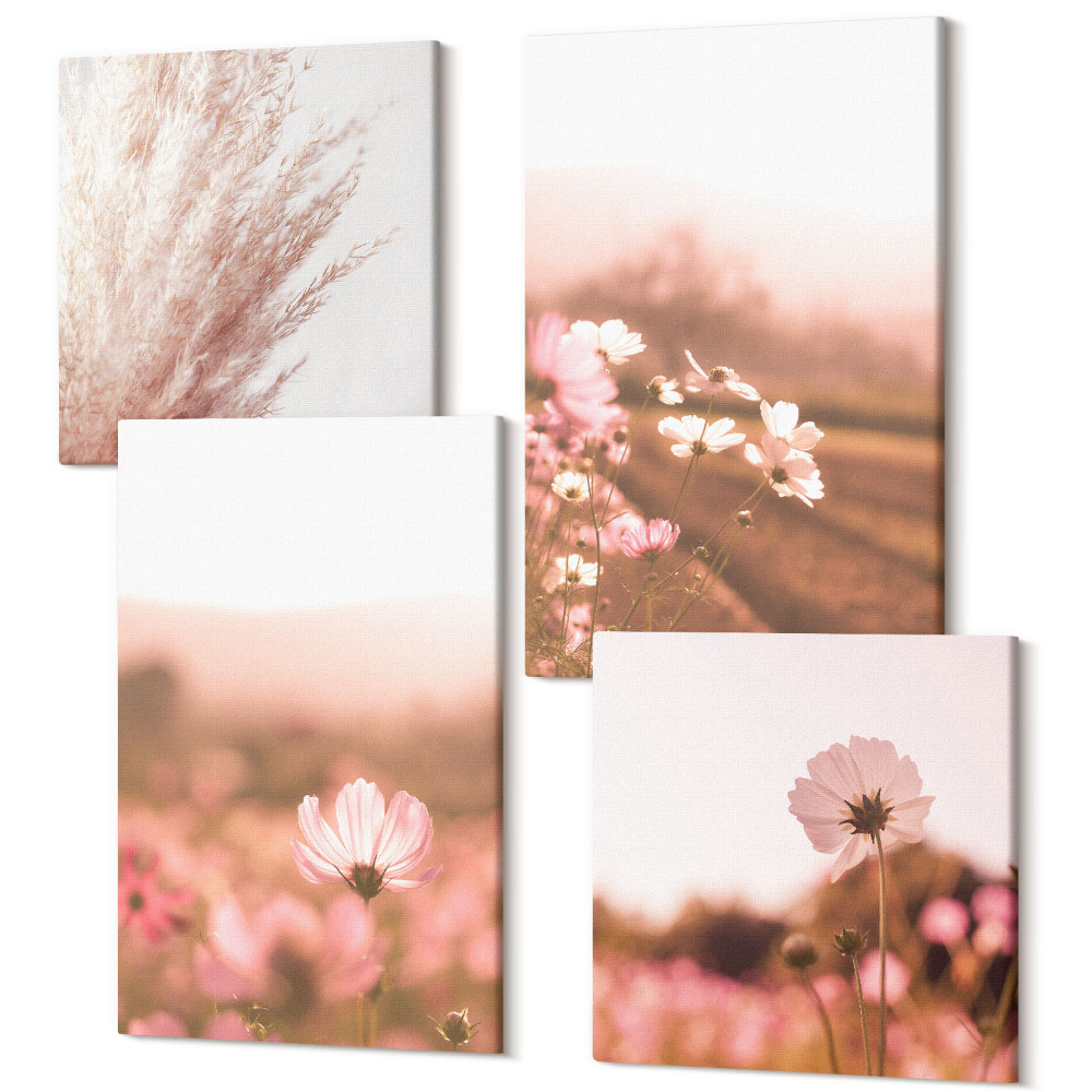 Zestaw obrazów na płótnie kwadryptyk Polne kwiaty na łąkach w lecie romantyczne pejzaże