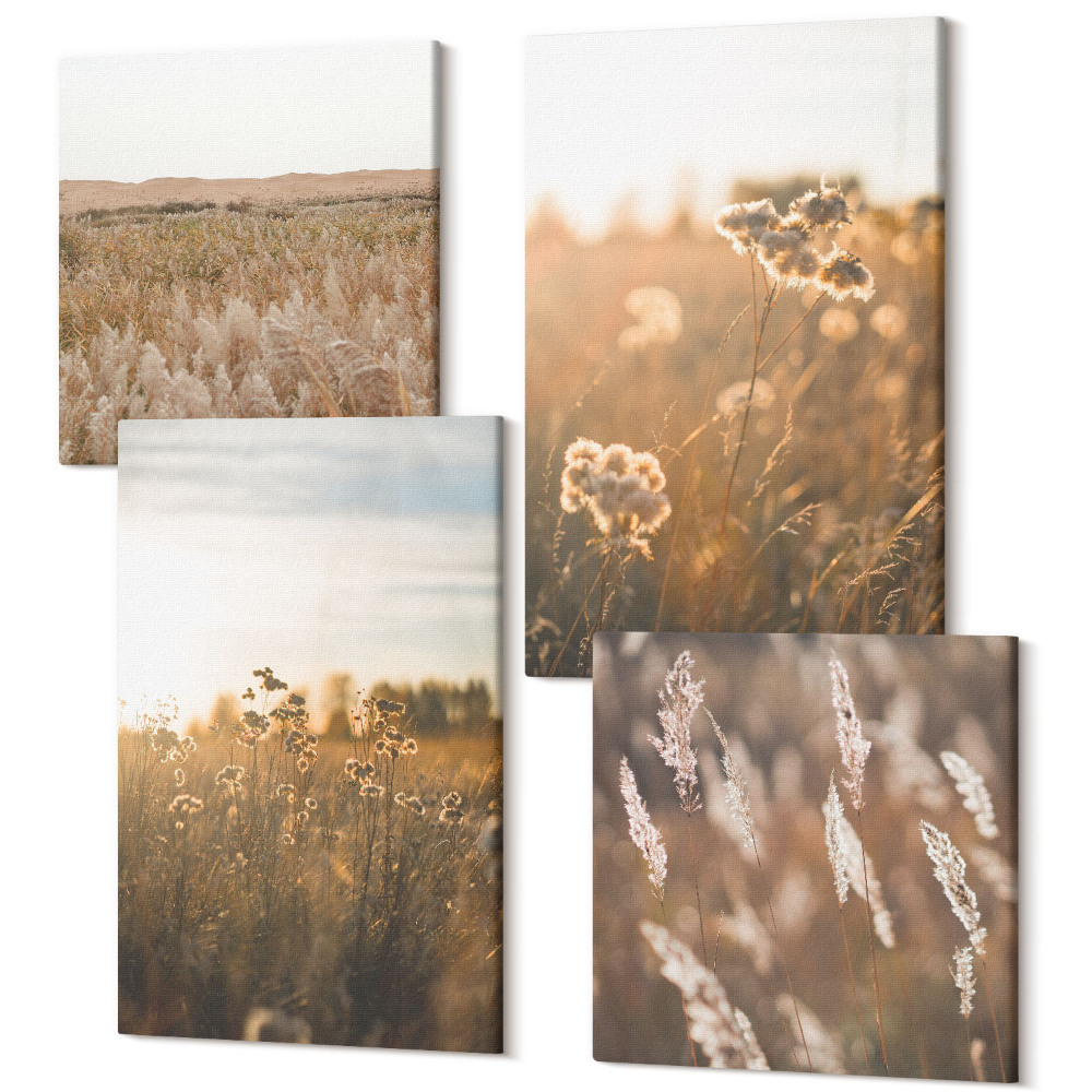 Zestaw obrazów na płótnie kwadryptyk Letnie widoki na łąki i kwiaty o zachodzie słońca