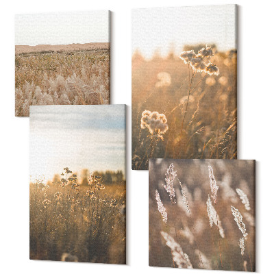 Zestaw obrazów na płótnie kwadryptyk Letnie widoki na łąki i kwiaty o zachodzie słońca