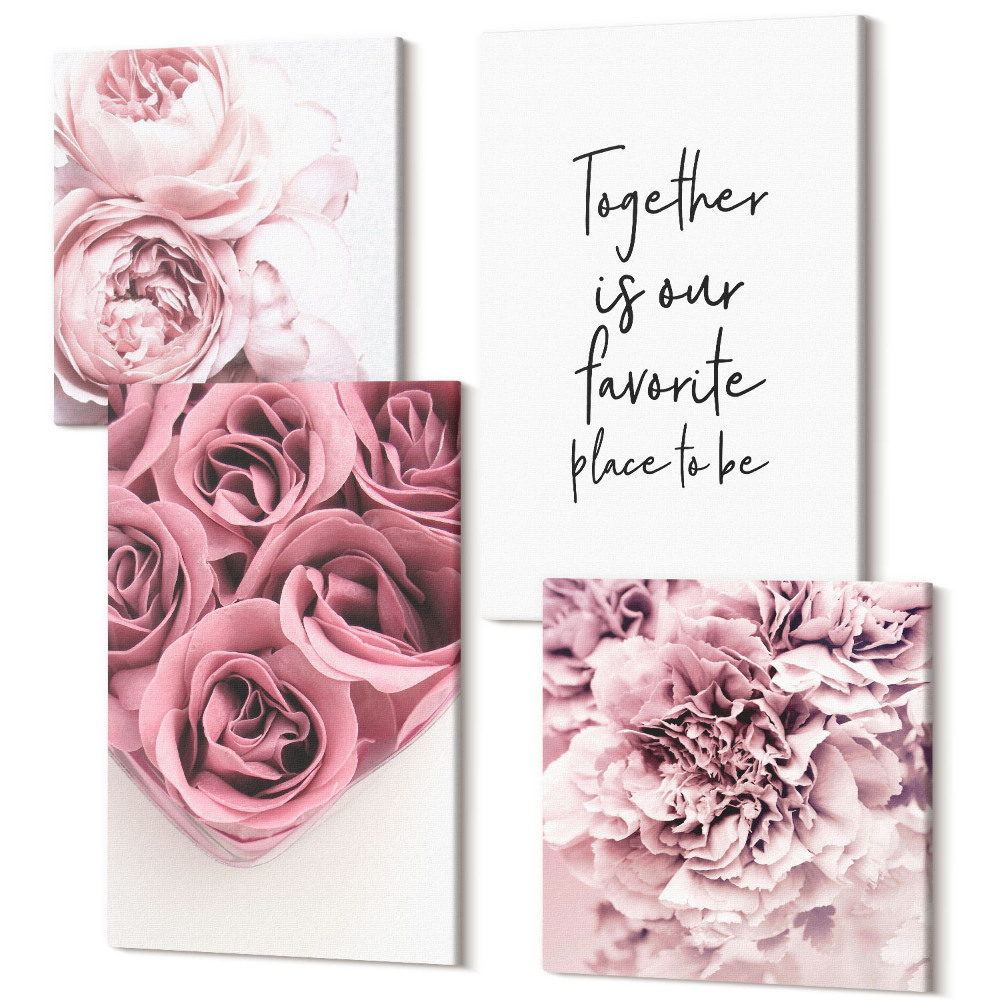 Zestaw obrazów kwadryptyk na ścianę Kwiaty i bukiety róż z domowym napisem