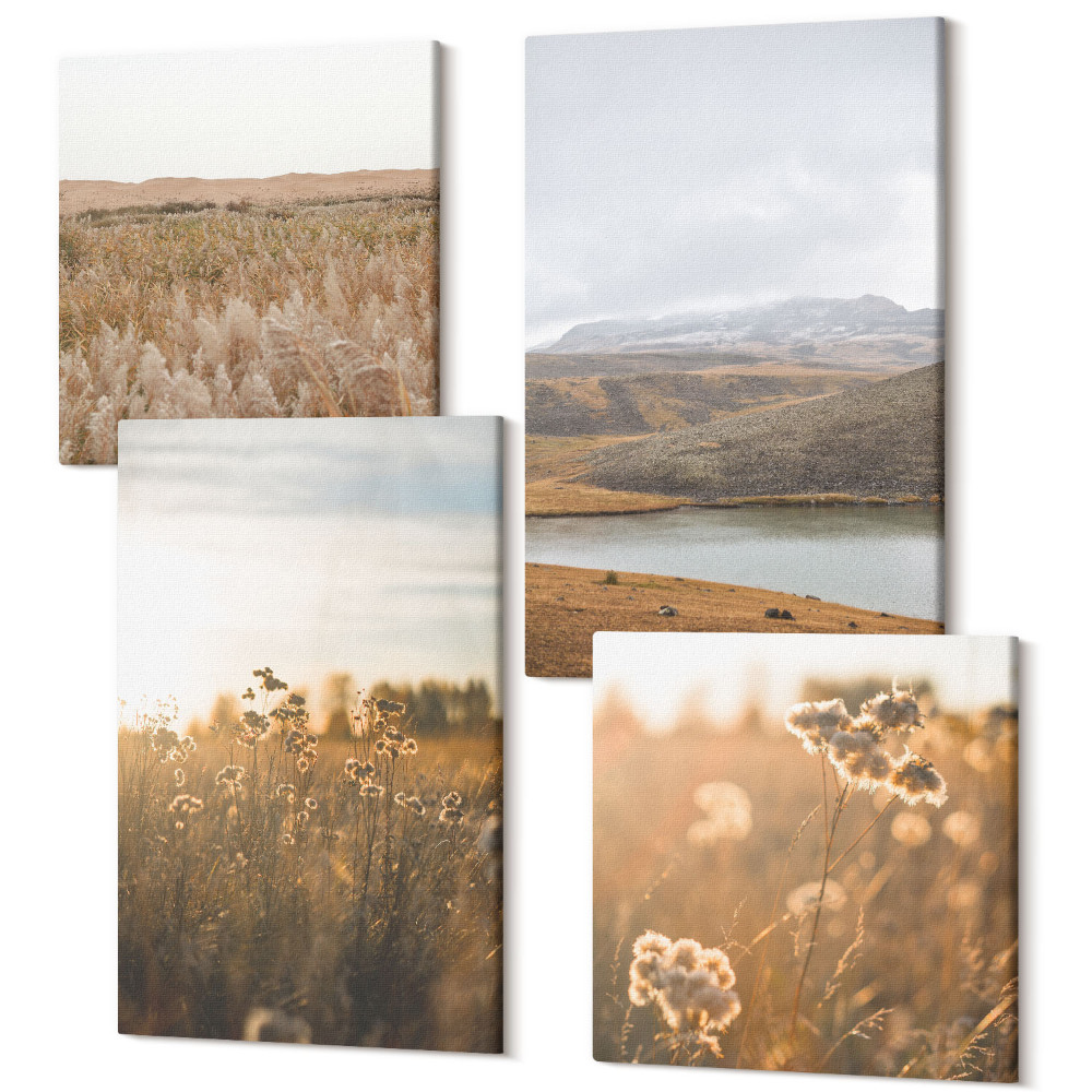 Zestaw obrazów na płótnie kwadryptyk Krajobrazy z łąkami górami i jeziorem w tle