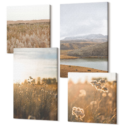 Zestaw obrazów na płótnie kwadryptyk Krajobrazy z łąkami górami i jeziorem w tle