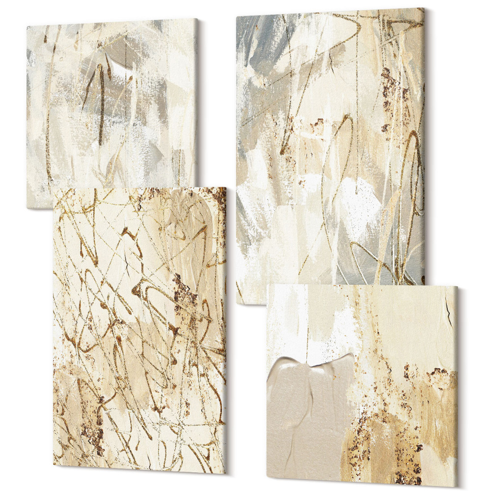 Zestaw obrazów kwadryptyk na ścianę Beżowe abstrakcje malowane kształty i linie