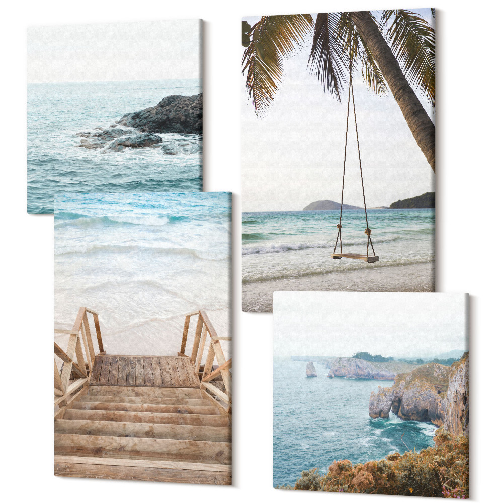 Zestaw obrazów kwadryptyk na ścianę Schody na plażę widok na morze i huśtawka na palmie