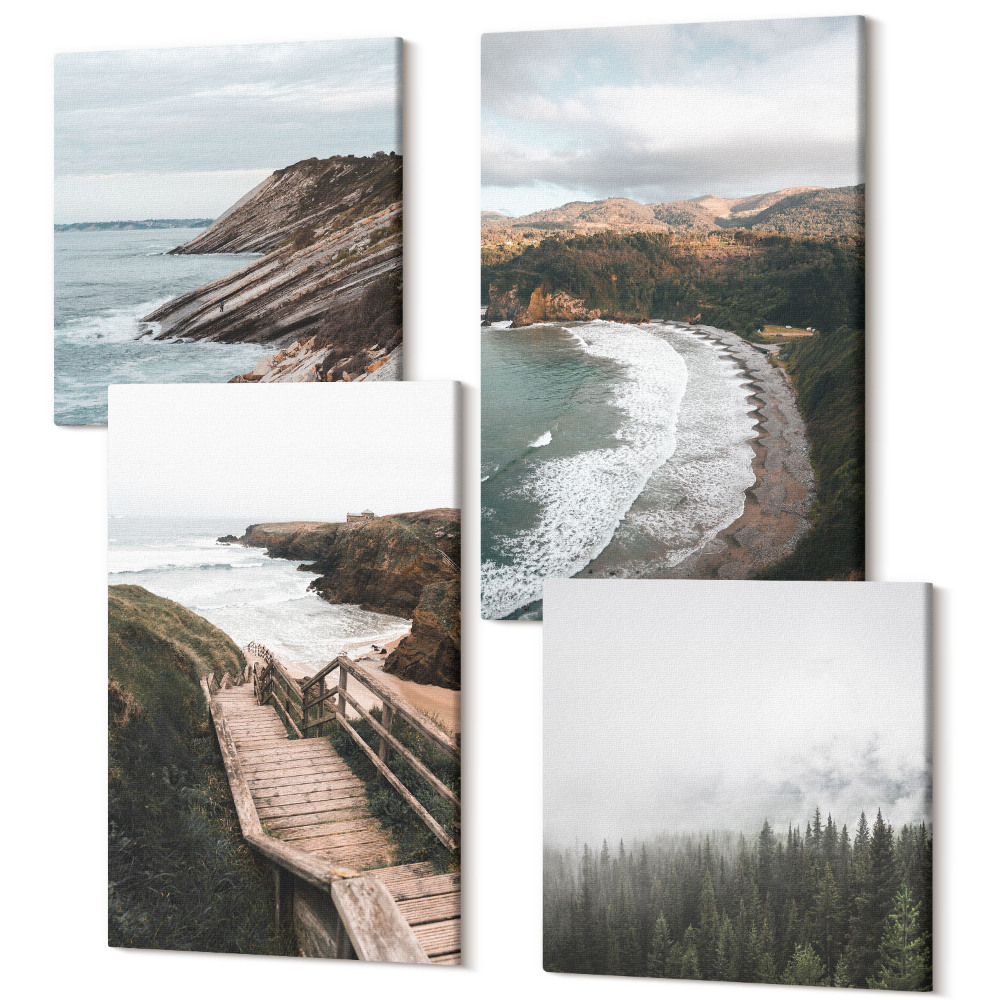 Zestaw obrazów kwadryptyk na ścianę Widoki nadmorskie z klifami i plażą pejzaże