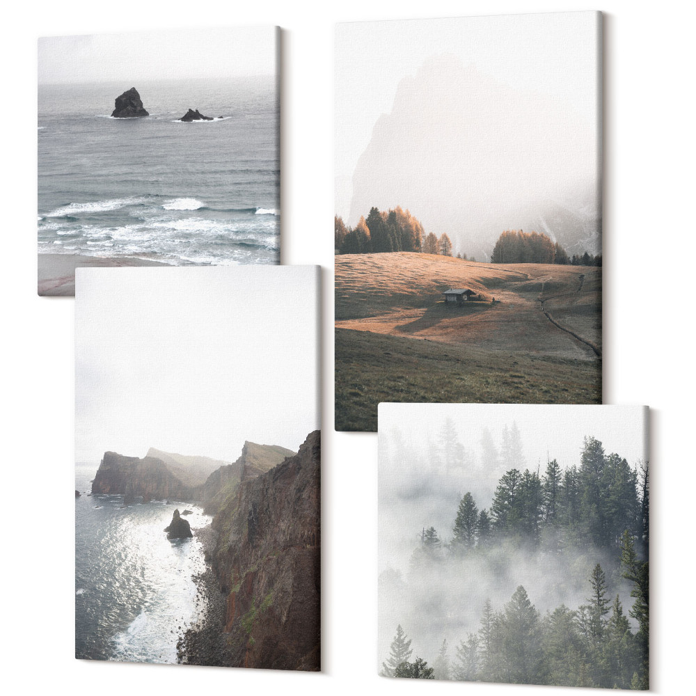 Zestaw obrazów 4 części kwadryptyk Krajobrazy górskie i morskie z chmurami i lasami