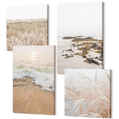 Zestaw obrazów 4 części kwadryptyk Plaża z falami i kamieniami nadmorskimi lato