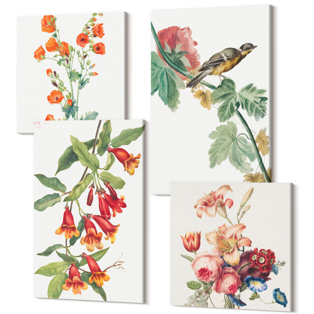 Zestaw obrazów na płótnie kwadryptyk Malowane kwiaty retro i ptak na gałęzi