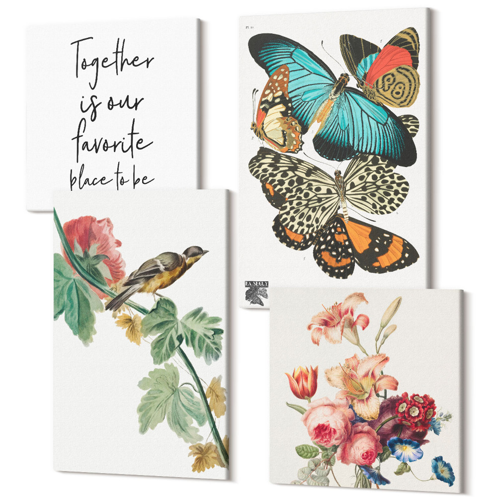 Zestaw obrazów na płótnie kwadryptyk Kwiaty motyle i ptak w pastelowych odcieniach