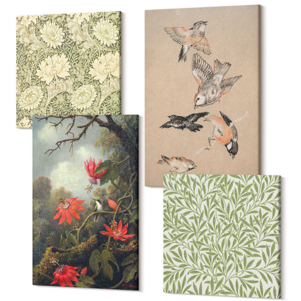 Zestaw obrazów kwadryptyk na ścianę Kwiaty i ptaki w naturalnym otoczeniu przyrody