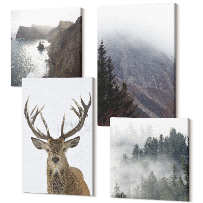 Zestaw obrazów kwadryptyk na ścianę Krajobraz górski z mgłą wodą i jeleniem
