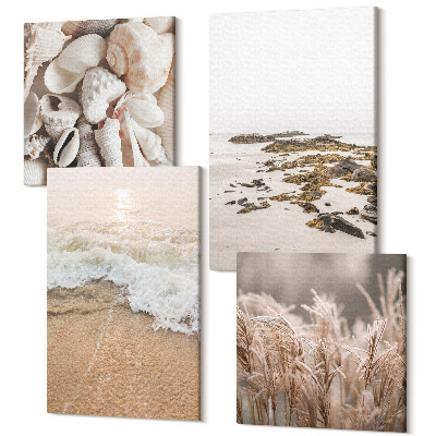 Zestaw obrazów na płótnie kwadryptyk Plażowe trawy fale i kamienie nadmorskie boho