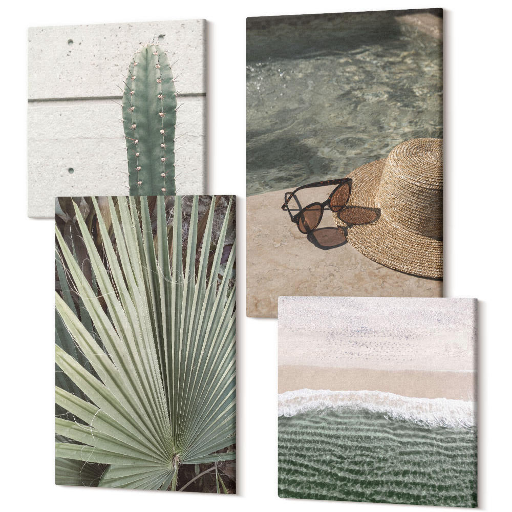 Zestaw obrazów 4 części kwadryptyk Rośliny tropikalne i wakacyjne akcesoria nad wodą