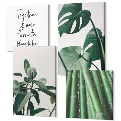 Zestaw obrazów kwadryptyk na ścianę Łodygi bambusowe napis roślina i liście monstery