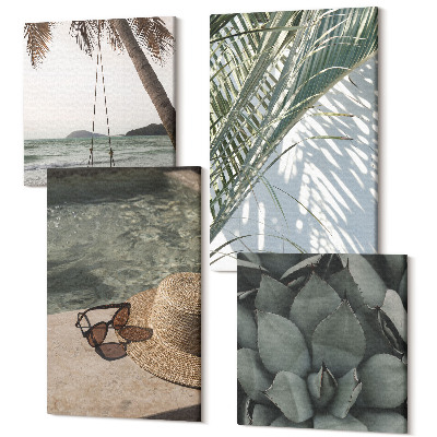 Zestaw obrazów 4 części kwadryptyk Tropikalne rośliny i letnie wakacyjne akcenty