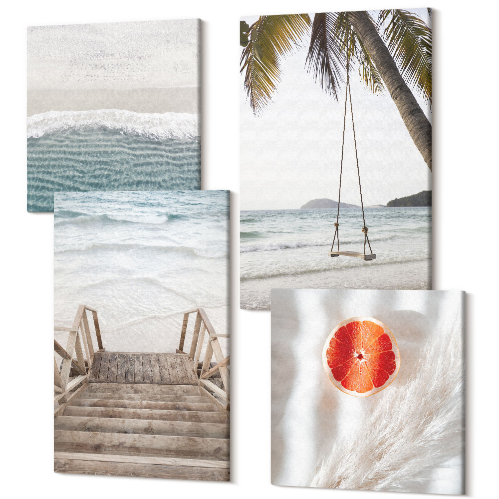 Zestaw obrazów na płótnie kwadryptyk Plaża z drewnianymi schodami wakacyjny klimat