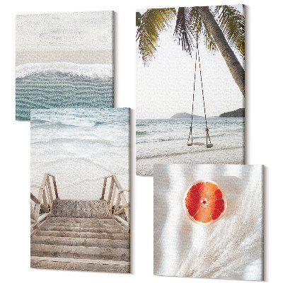Zestaw obrazów na płótnie kwadryptyk Plaża z drewnianymi schodami wakacyjny klimat