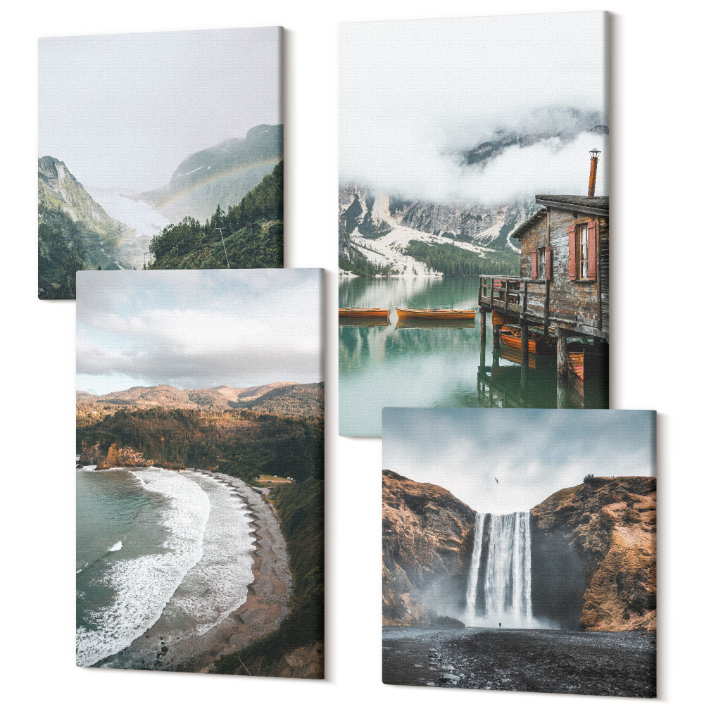 Zestaw obrazów kwadryptyk na ścianę Widoki gór plaży z chmurami i wodą