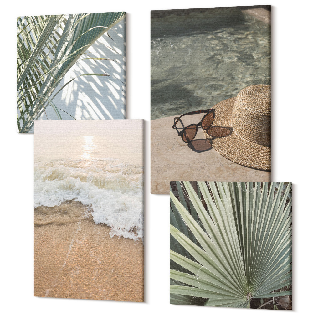 Zestaw obrazów 4 części kwadryptyk Woda plaża kapelusz i okulary słoneczne liście