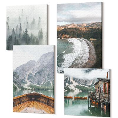 Zestaw obrazów na płótnie kwadryptyk Widok gór nad jeziorem z łodzią plaża mgła w lesie
