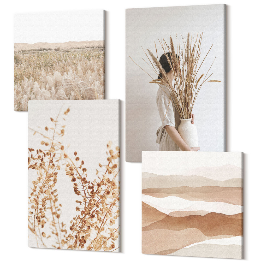 Zestaw obrazów 4 części kwadryptyk Roślinne motywy abstrakcja styl rustykalny boho