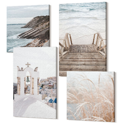 Zestaw obrazów 4 części kwadryptyk Widoki morza i architektury Santorini na tle nieba