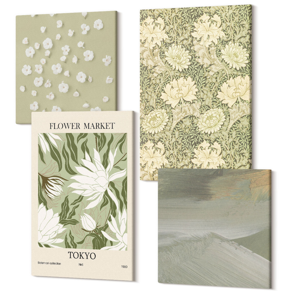 Zestaw obrazów kwadryptyk na ścianę Roślinne wzory i abstrakcje styl boho