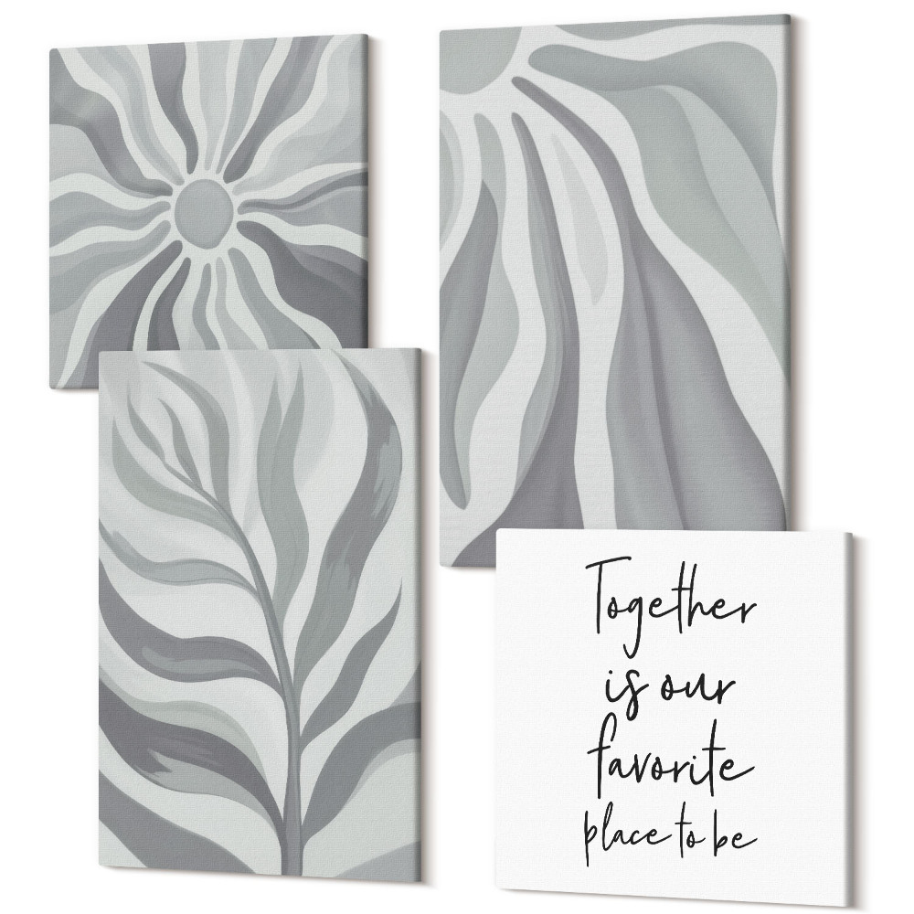 Zestaw obrazów kwadryptyk na ścianę Roślinne wzory pastelowe ilustracje i napis