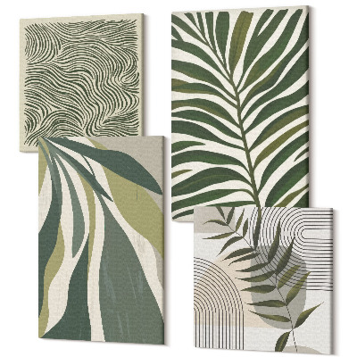 Zestaw obrazów 4 części kwadryptyk Wzory liści i faliste linie w pastelowych ilustracjach