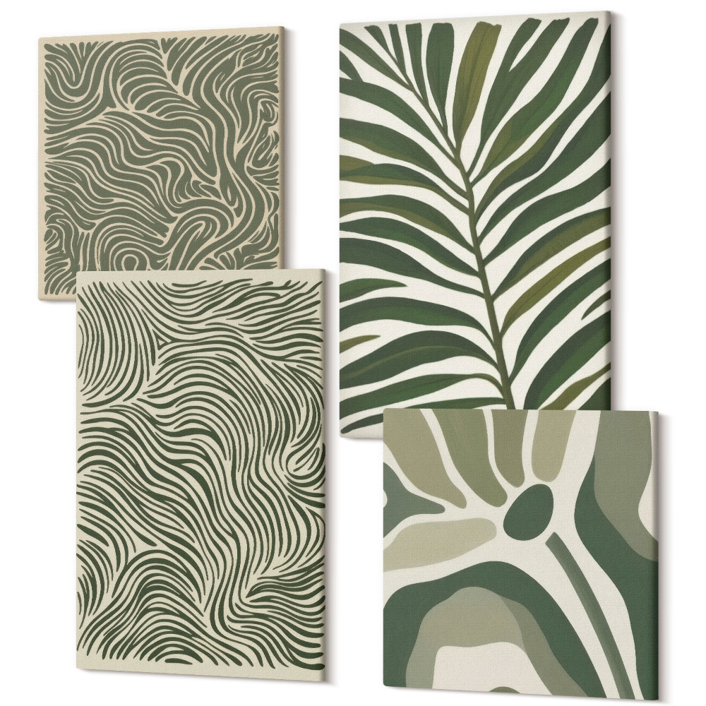 Zestaw obrazów kwadryptyk na ścianę Wzory abstrakcyjne z liśćmi i falistymi kształtami