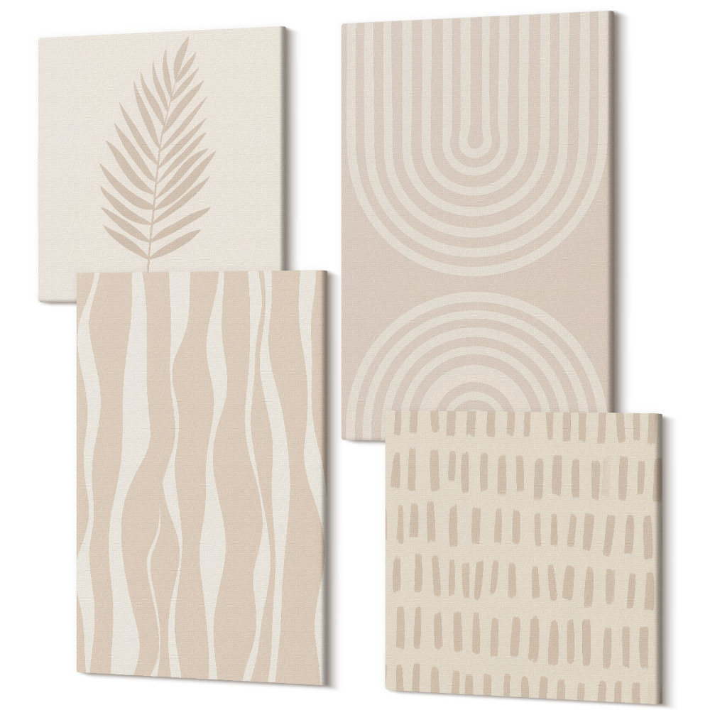 Zestaw obrazów na płótnie kwadryptyk Wzory w odcieniach beżu z roślinnymi motywami