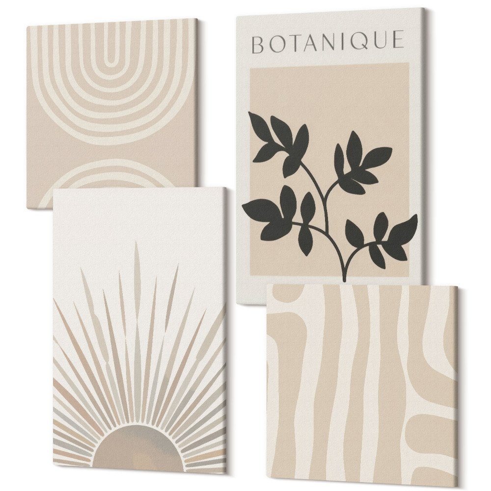 Zestaw obrazów kwadryptyk na ścianę Abstrakcyjne wzory z roślinnymi akcentami w neutralnych tonach