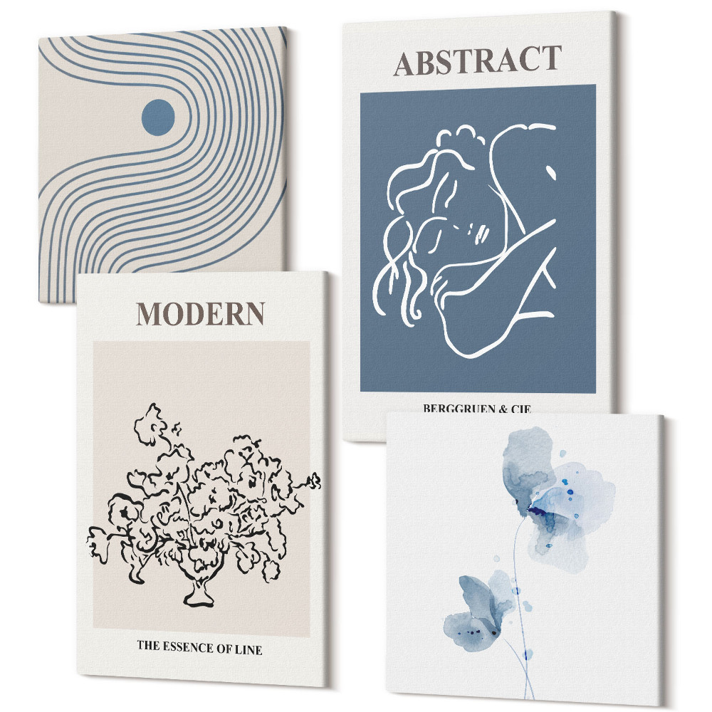 Zestaw obrazów kwadryptyk na ścianę Kwiaty linie i abstrakcyjne kształty postery